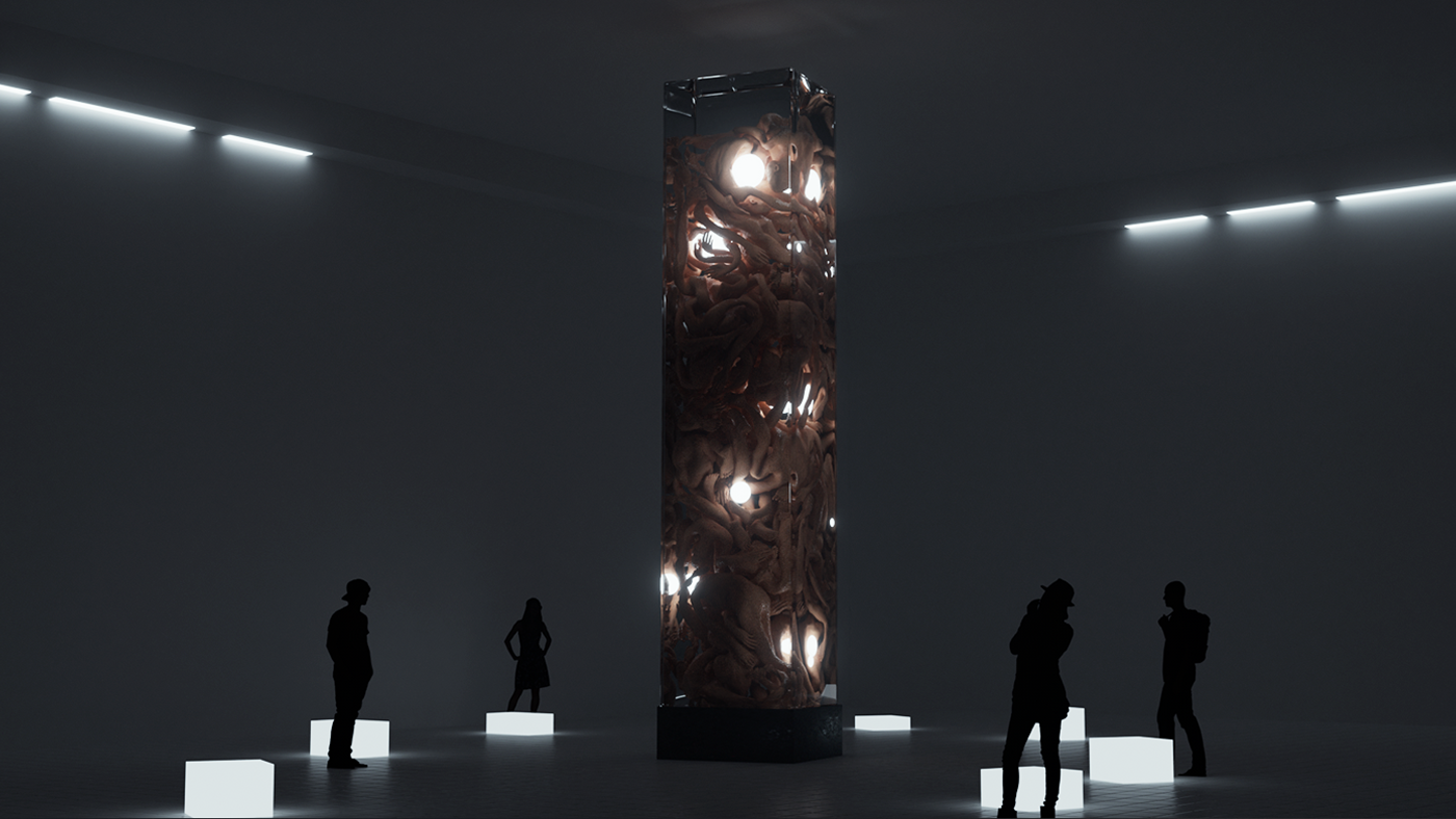 The column inside a dark gallery with visitors and floor lights