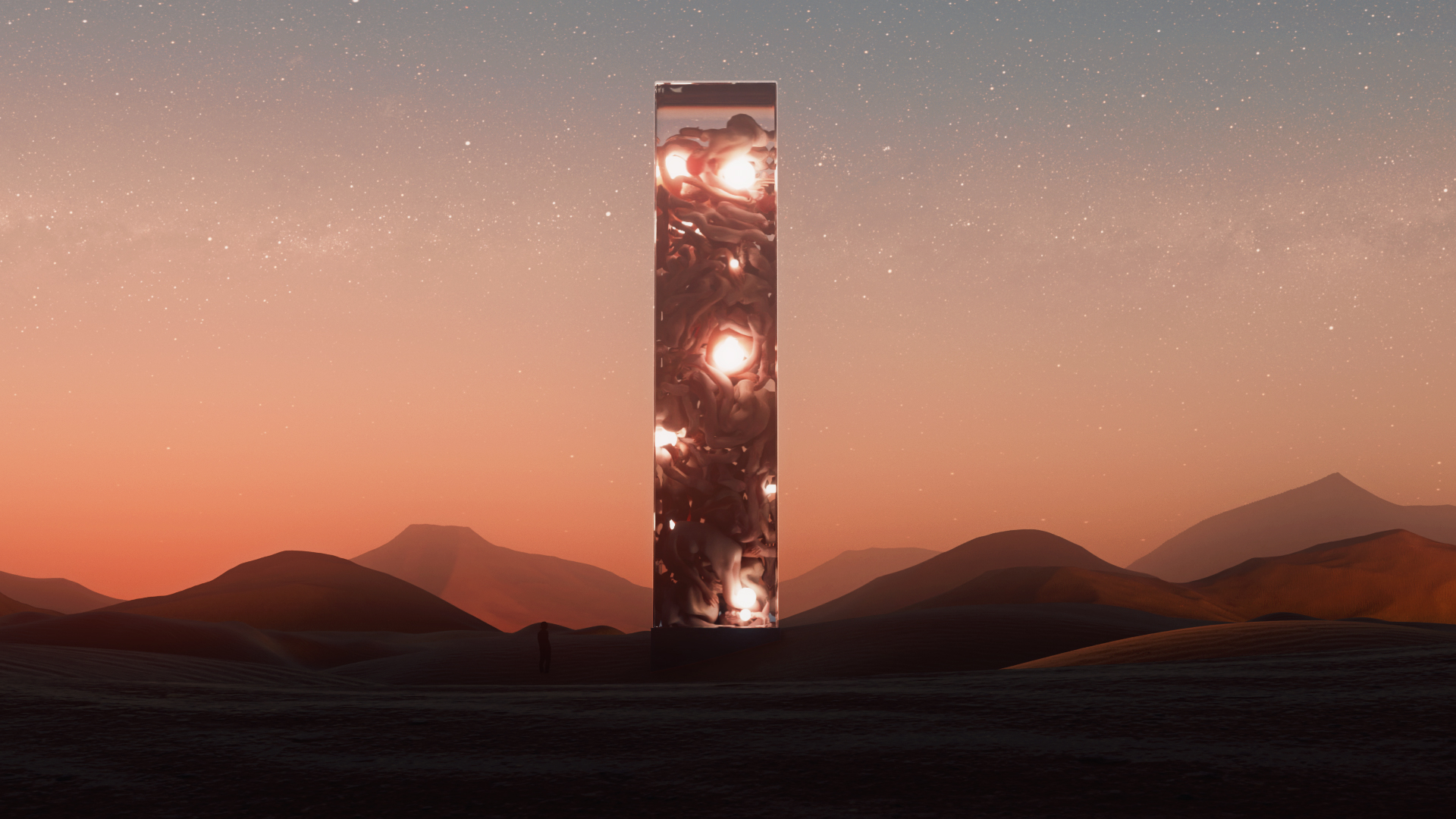 A glass column filled with intertwined bodies, standing alone in dunes at dusk